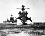 The battleship USS Pennsylvania leads USS Colorado, USS Louisville, USS Portland, and USS Columbia into Lingayen Gulf before the landing on Luzon, Philippines in January 1945. Battleships and other big gun naval vessels that served in the Pacific Theatre during World War II were used primarily for offshore bombardment of enemy positions and as anti-aircraft screens for aircraft carriers.