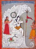 Shiva bearing the descent of the Ganges River as Parvati and Bhagiratha and the bull Nandi look on, folio from a Hindi manuscript by the saint Narayan, circa 1740.<br/><br/>

Told and retold in the Ramayana, the Mahabharata and several Puranas, the story begins with a sage, Kapila, whose intense meditation has been disturbed by the sixty thousand sons of King Sagara. Livid at being disturbed, Kapila sears them with his angry gaze, reduces them to ashes, and dispatches them to the netherworld.<br/><br/>

Only the waters of the Ganga, then in heaven, can bring the dead sons their salvation. A descendant of these sons, King Bhagiratha, anxious to restore his ancestors, undertakes rigorous penance and is eventually granted the prize of Ganga's descent from heaven. However, since her turbulent force will also shatter the earth, Bhagiratha persuades Shiva in his abode on Mount Kailash to receive Ganga in the coils of his tangled hair and break her fall.<br/><br/>

Ganga descends, is tamed in Shiva's locks, and arrives in the Himalayas. She is then led by the waiting Bhagiratha down into the plains at Haridwar, across the plains first to the confluence with the Yamuna at Prayag and then to Varanasi, and eventually to Ganga Sagar, where she meets the ocean, sinks to the netherworld, and saves the sons of Sagara.